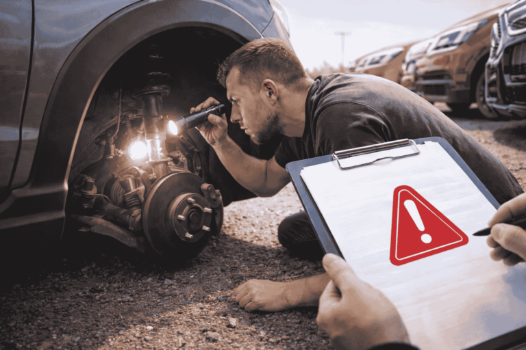 Man inspecting the tire of his car with a flashlight.
