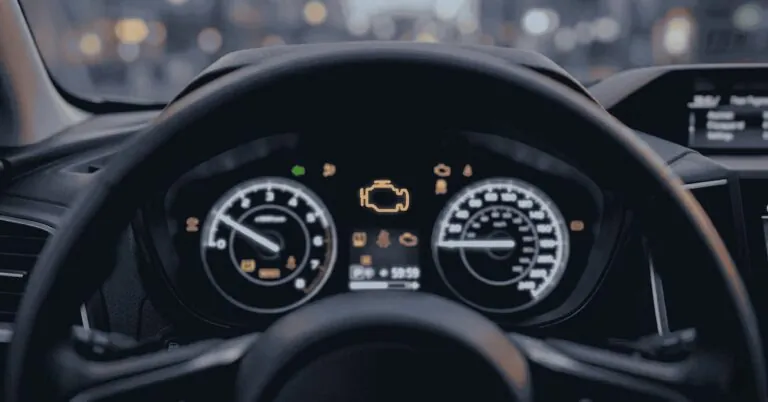 A vehicle dashboard with a flashing "check engine" notification.