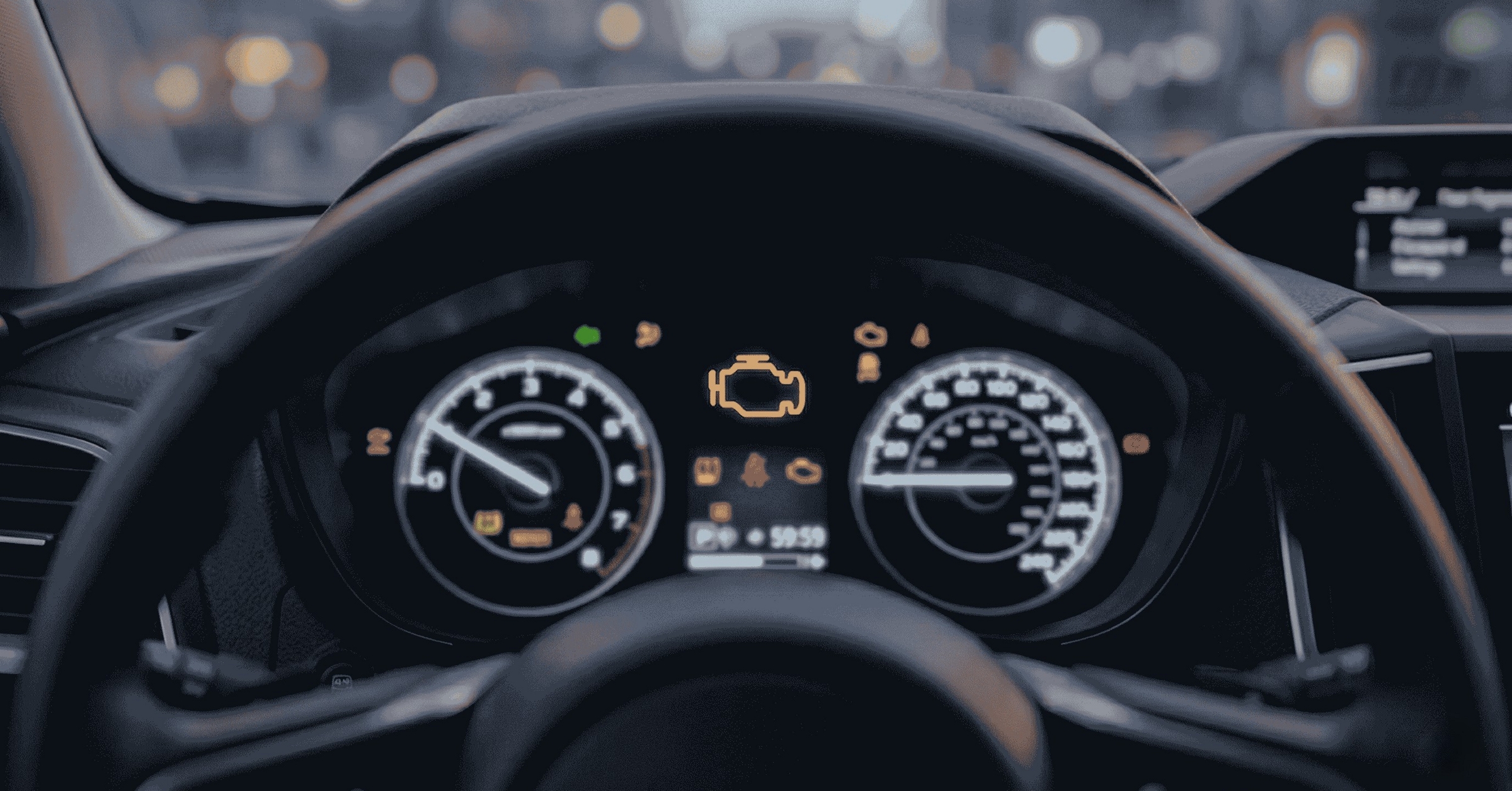 A vehicle dashboard with a flashing "check engine" notification.