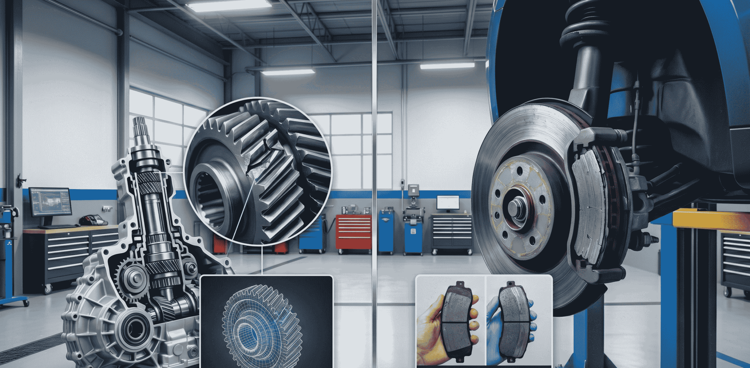 An image split into two sides showing car parts in a mechanic's garage. The left side highlights a detailed internal transmission assembly with a zoomed-in circle showing a cracked gear tooth. The right side shows a car's brake disc and caliper assembly on a lift, with an inset comparing a worn brake pad to a new one.