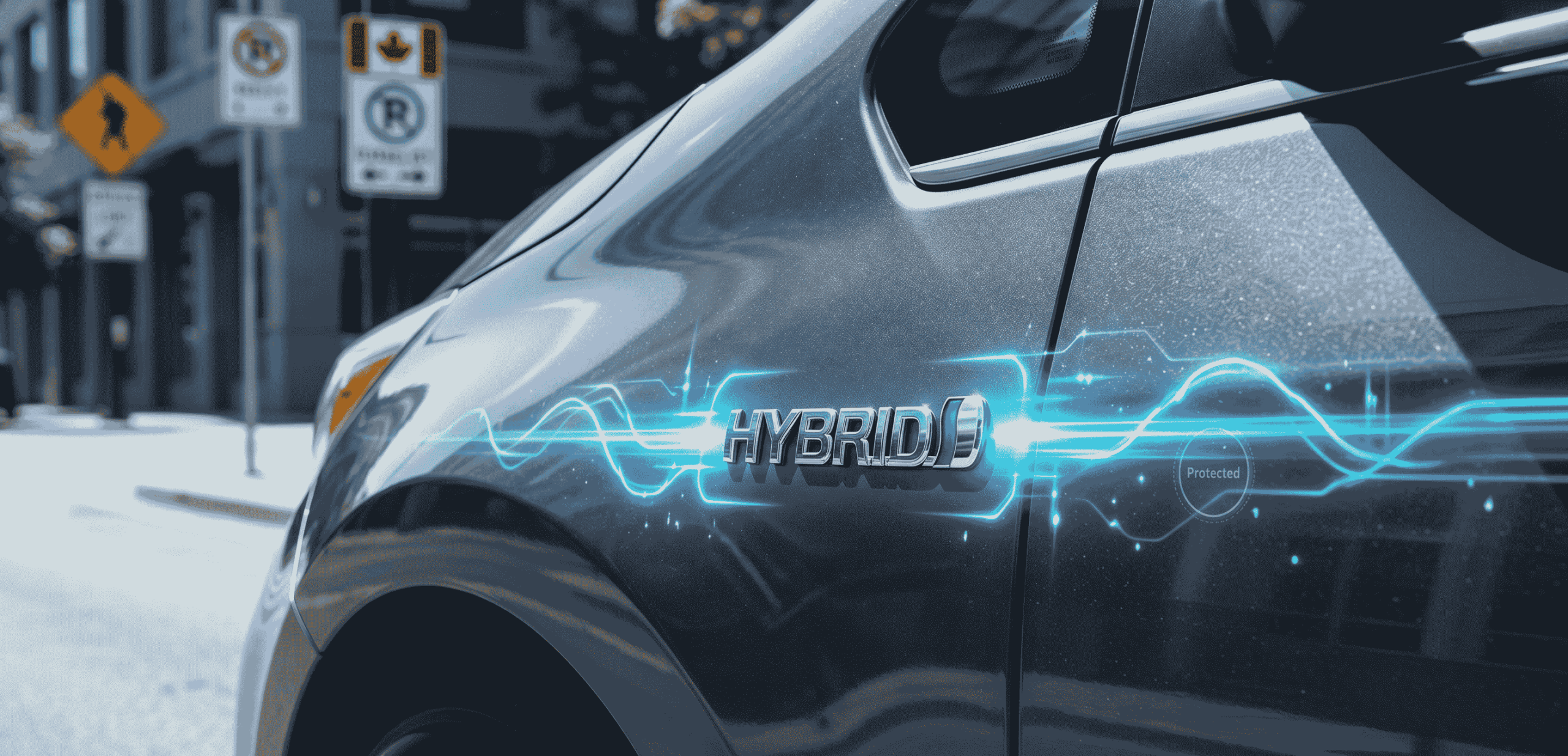 a close-up shot of the side of a grey car with the word 'hybrid' labeled on the car.