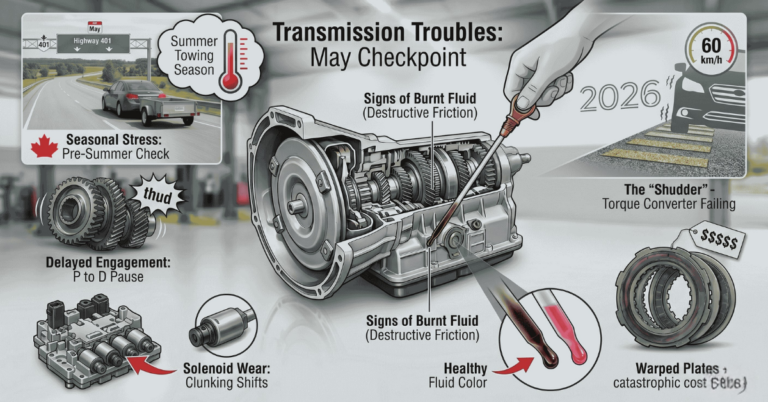 An infographic titled "Transmission Troubles: May Checkpoint" illustrating mechanical failure symptoms.
