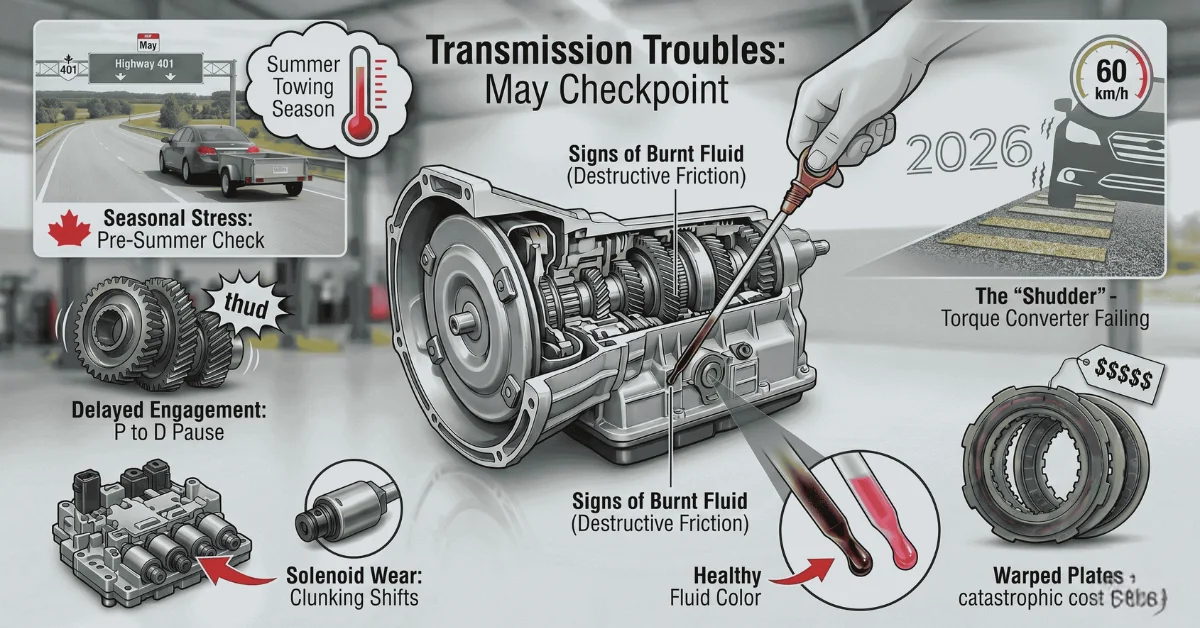An infographic titled "Transmission Troubles: May Checkpoint" illustrating mechanical failure symptoms.