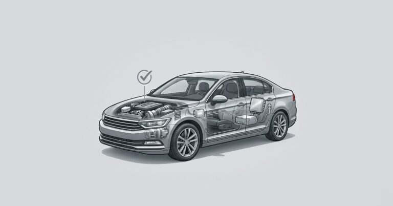 A schematic illustration of a silver sedan with a transparent body, revealing internal components like the engine and electrical systems.