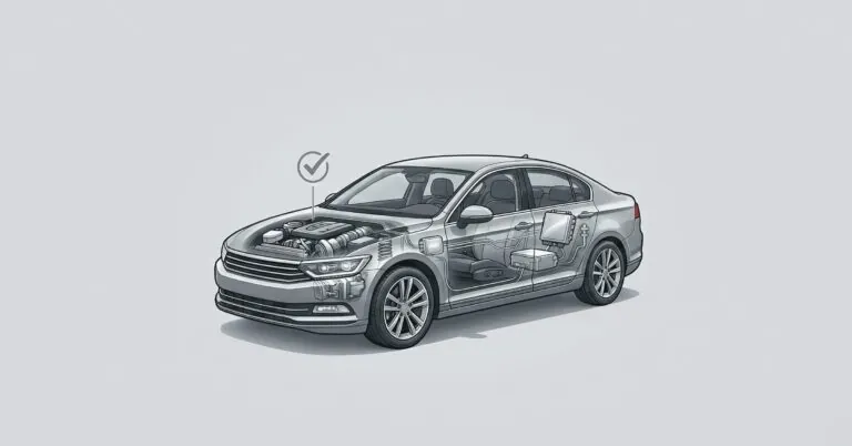 A schematic illustration of a silver sedan with a transparent body, revealing internal components like the engine and electrical systems.