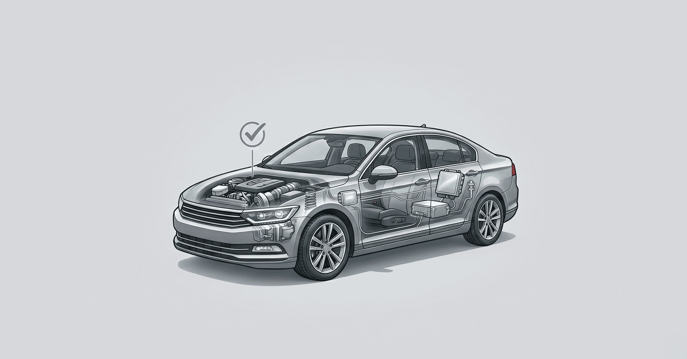 A schematic illustration of a silver sedan with a transparent body, revealing internal components like the engine and electrical systems.
