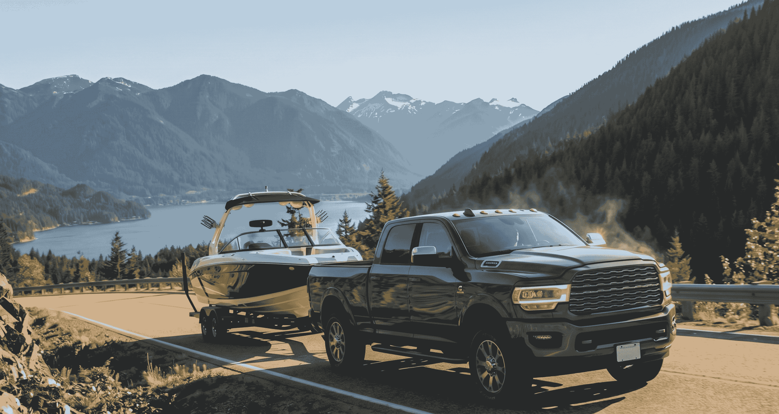 A truck towing a boat in the summer heat.